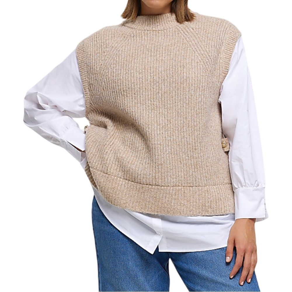 River Island beige knitted hybrid jumper Sweater Vest Oversized Coastal Preppy - Picture 3 of 12